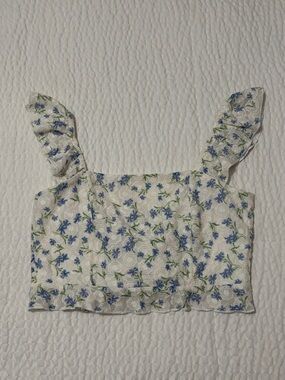 Floral Lace White Tie-Back Crop Top with Blue & Green Print